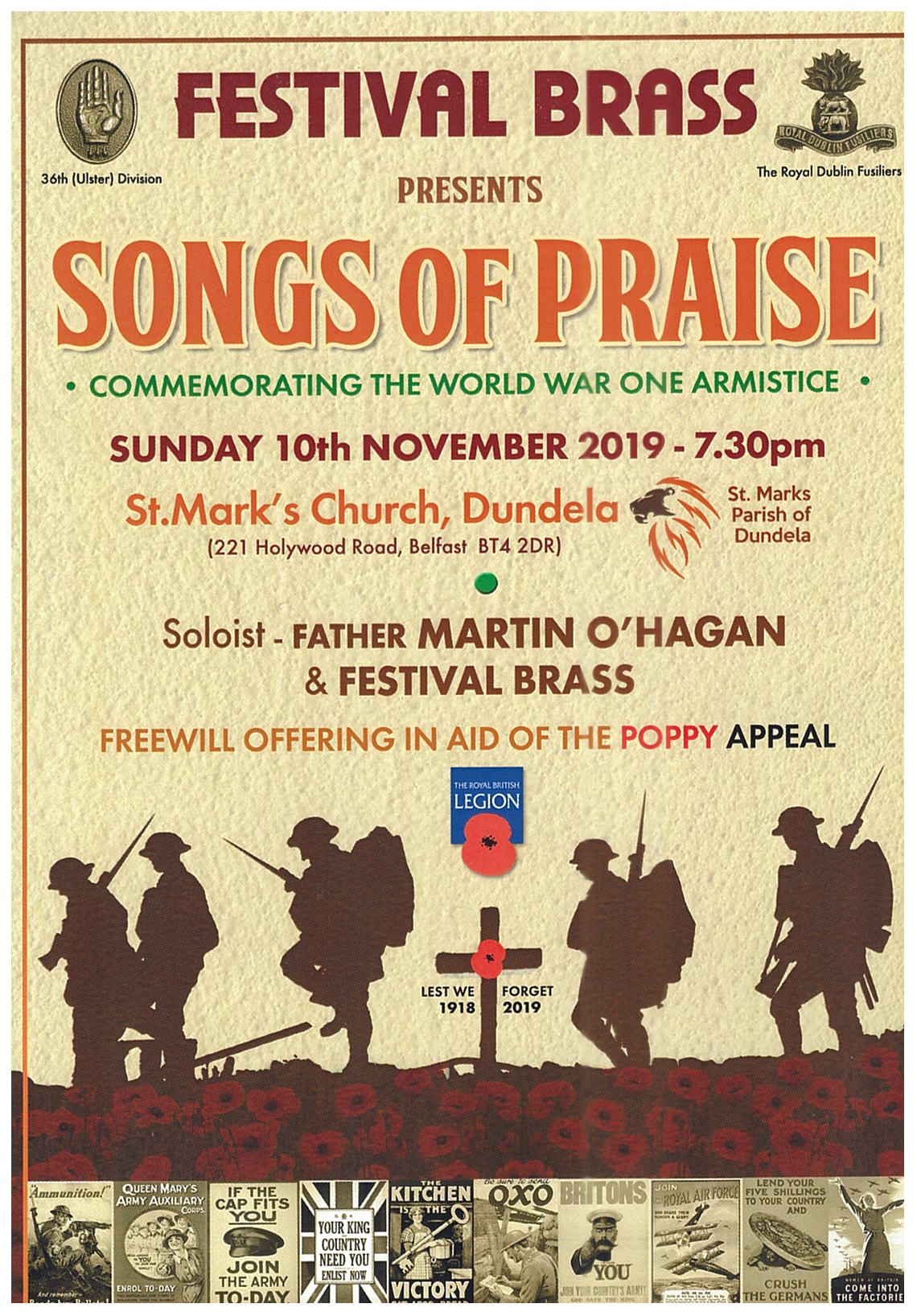 Festival Brass present Songs of Praise to commemorate the World War one armistice in Saont Mark's Dundelas, Belfast on 10th November 2019